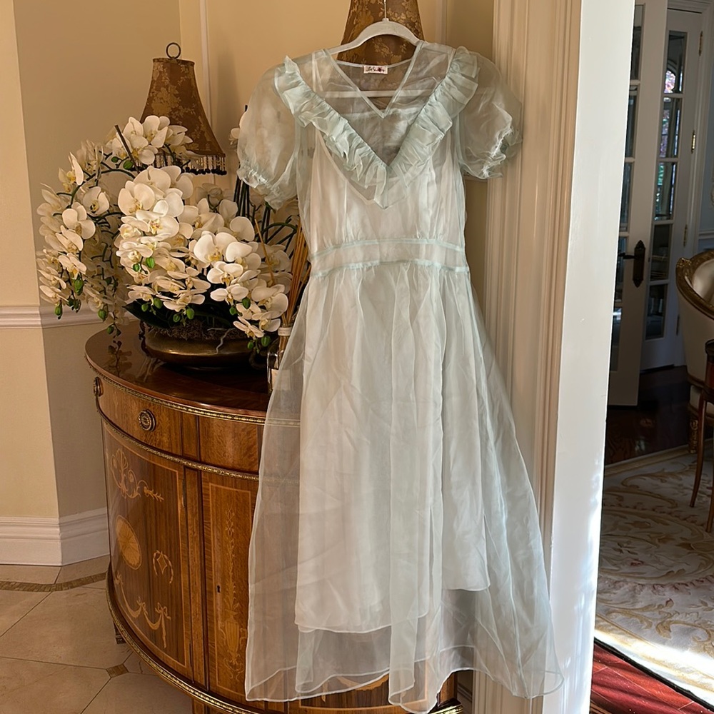 loveshackfancy mint green sheer v neck short sleeve gown